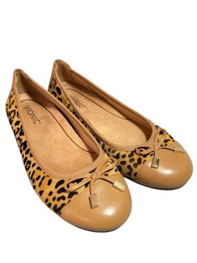 Vionic Minna Tan Leopard Print Calf Fur Bow Tie Ballet Flats